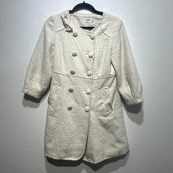Vintage Pou Dou Dou Trench Coat Womens Large Beige Textured Printed Bow Shoulder - Picture 1 of 12